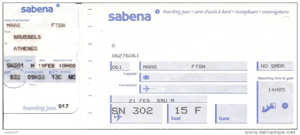 Boarding Pass - Sabena - SN301/SN302 - Brussels-Athens-Brussels - 19-21FEB95 - Instapkaart