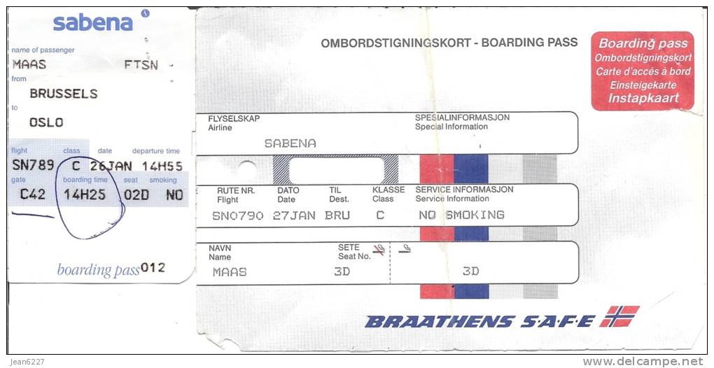 2 Boarding Pass - Sabena/Braathens Safe - SN789/SN790 - Brussels-Oslo FBU-Brussels - 26-27JAN95 - Cartes D'embarquement