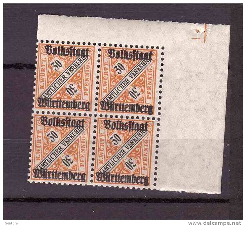 WURTTEMBERG 1919 Overprinted Set 30 Pf Michel Cat N° 266 Corner Block Of 4 MNH ** - Nuevos