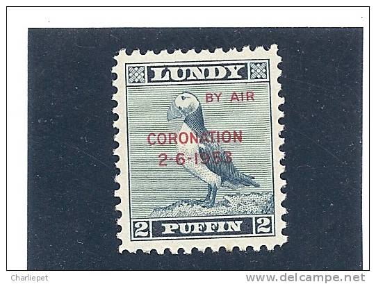 Lundy Island 1953 Coronation 2 P Red On Blue Overprint MNH Aitchison Catalogue # 88 Air Mail - Local Issues