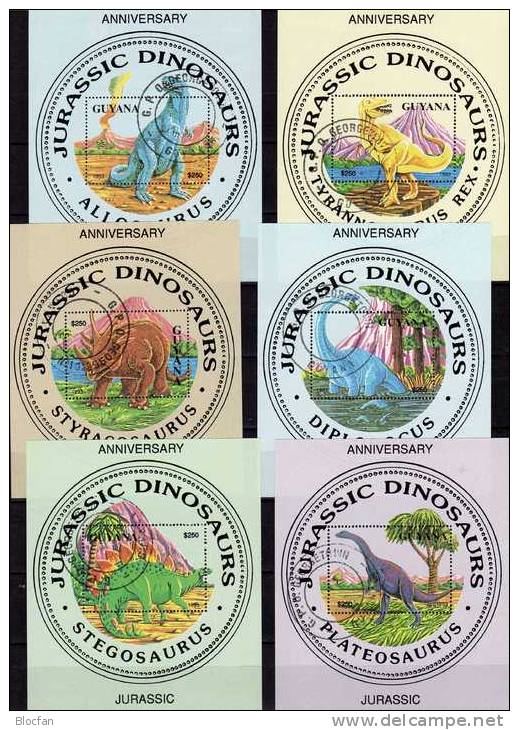 Naturschutz Prähistorische Tiere 1993 GUYANA Block 274 Bis 279 O 12€ WWF Jurassic Dinosaurier Bloc Fauna Sheet Of Guiana - Guyane (1966-...)