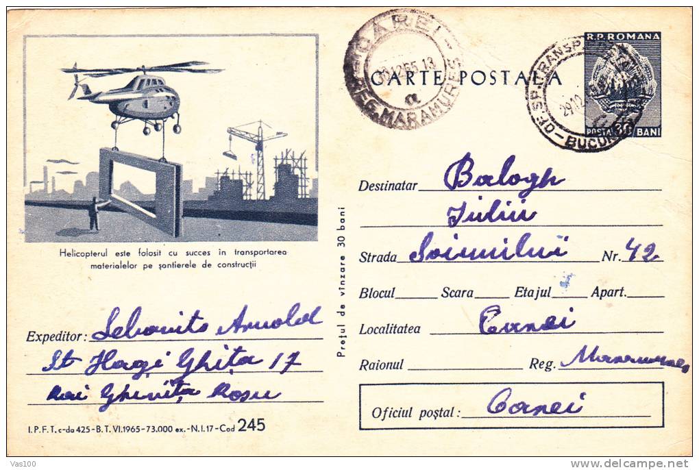 HELICOPTER USED FOR MATERIAL TRANSPORT IN CONSTRUCTION SITES, 1965, CARD STATIONERY, ENTIER POSTAL,SENT TO MAIL, ROMANIA - Hélicoptères