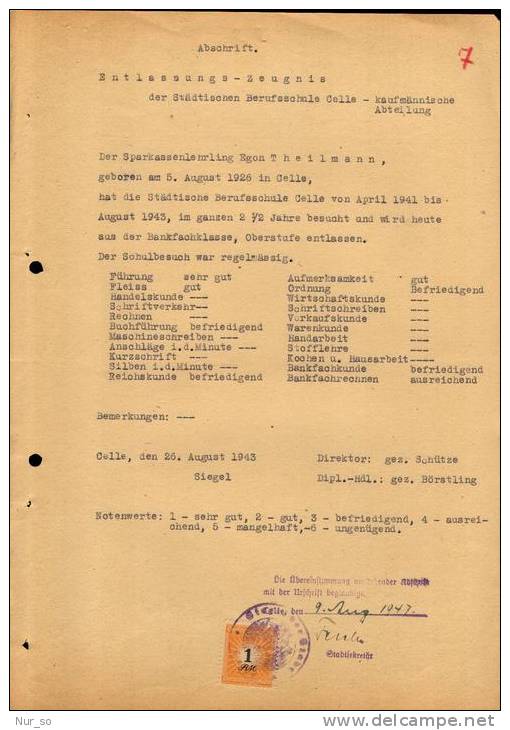 Germany Certificate Celle Revenue 1947 Gebührenmarke Stempelmarke Timbre Fiscal - Covers & Documents