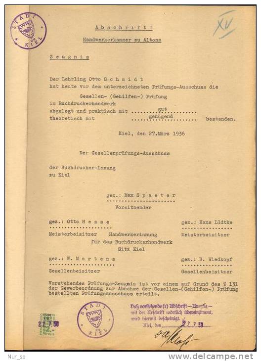 Germany Certificate Kiel Revenue 1950 Dokument Gebührenmarke Stempelmarke Timbre Fiscal - Covers & Documents