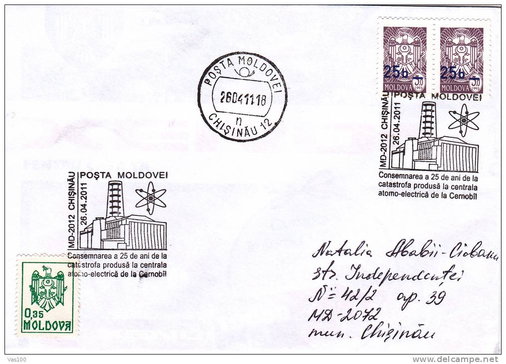 CERNOBIL DISASTER, 25 YEARS, 2011, SPECIAL COVER, OBLITERATION CONCORDANTE, MOLDOVA - Atom