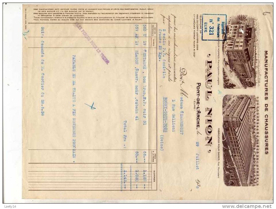 Facture Manufactures De Chaussures Paul Nion Pont De L Arche 1938 - 1800 – 1899