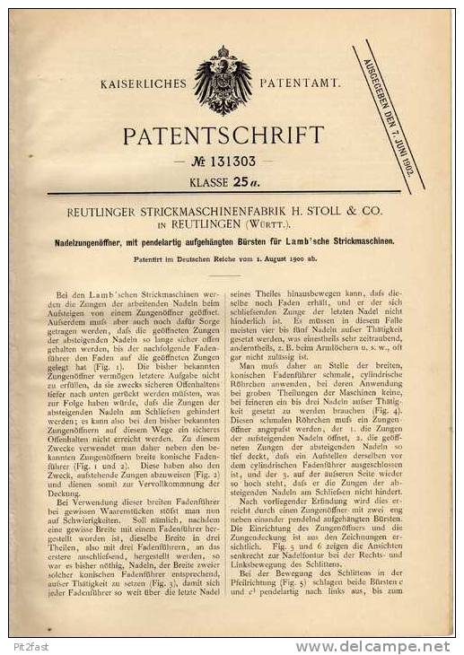 Original Patentschrift - Strickmaschinenfabrik Stoll In Reutlingen ,1900,  Strickmaschine , Strickerei !!! - Literature