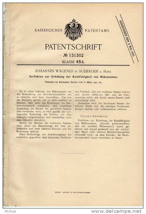 Original Patentschrift - J. Wägener In Suderode A. Harz ,1901 , Rübensamen , Landwirtschaft !!! - Agriculture