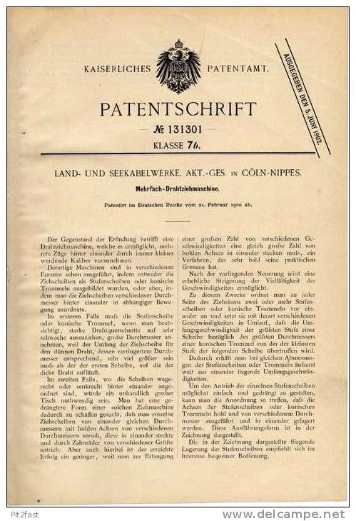 Original Patentschrift - Land- Und Seekabelwerke AG In Köln - Nippes , 1900 , Drahtziehmaschine , Maschinenbau !!! - Tools