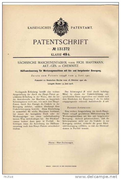 Original Patentschrift - Sächs. Maschinenfabrik AG In Chemnitz , 1901 , Werkzeugmaschinen , Maschinenbau !!! - Tools