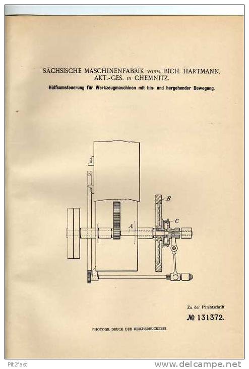 Original Patentschrift - Sächs. Maschinenfabrik AG In Chemnitz , 1901 , Werkzeugmaschinen , Maschinenbau !!! - Tools