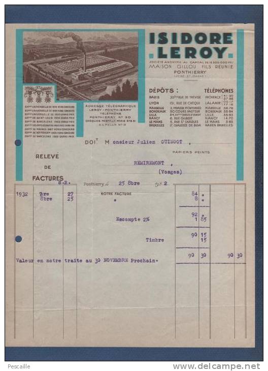 PONTHIERRY 1932 - FACTURE ISIDORE LEROY - PAPIERS PEINTS - Chemist's (drugstore) & Perfumery