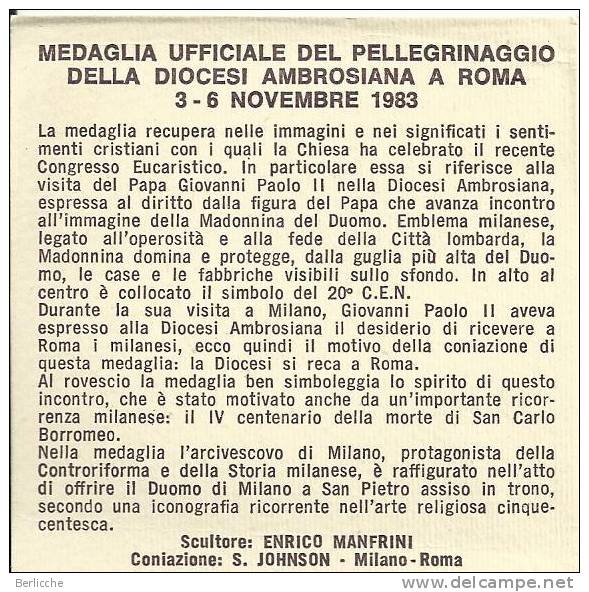 MEDAGLIA  GIOVANNI PAOLO II PELLEGRINAGGIO DIOCESI AMBROSIANA 1983 - Autres & Non Classés