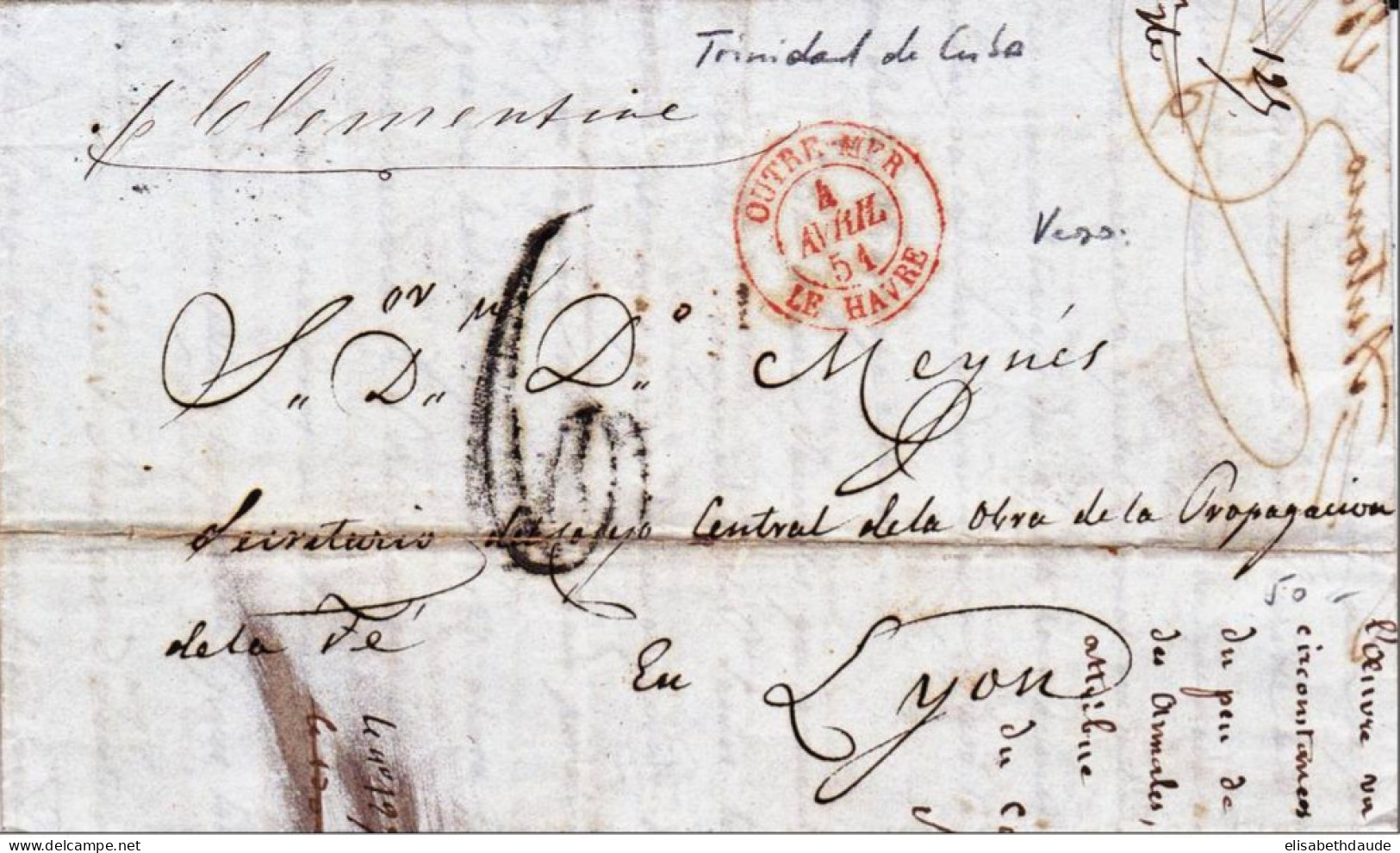 C UBA - 1851 - RARE LETTRE De TRINITAD => LYON Avec CACHET MARITIME D'ENTREE "OUTREMER Par LE HAVRE" - Marques D'entrées