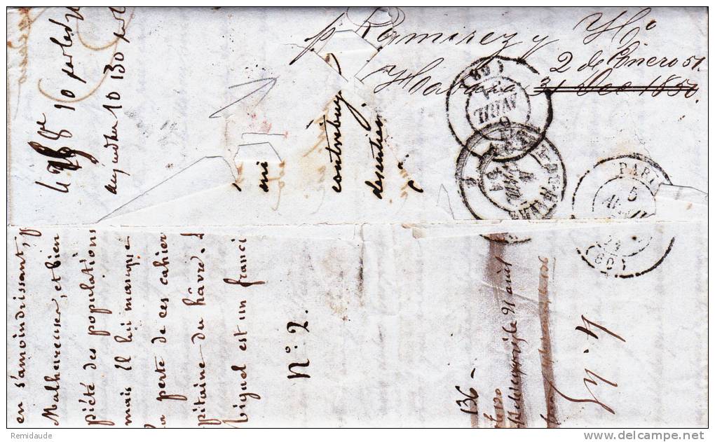 C UBA - 1851 - RARE LETTRE De TRINITAD => LYON Avec CACHET MARITIME D'ENTREE "OUTREMER Par LE HAVRE" - Entry Postmarks