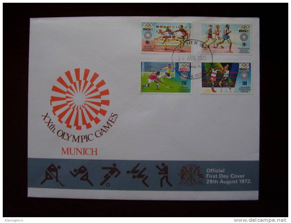 KUT 1972 MUNICH OLYMPICS Issue FULL SET FOUR STAMPS To 2/50 On OFFICIAL ILLUSTRATED FDC. - Kenya, Uganda & Tanzania