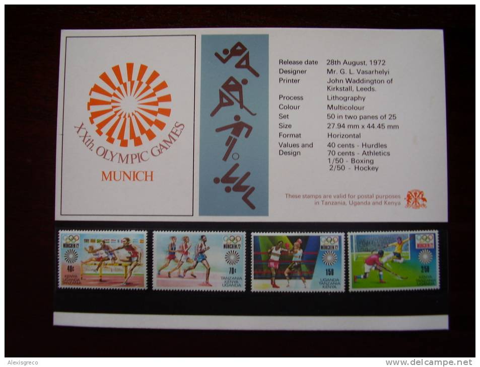 KUT 1972 MUNICH OLYMPICS Issue FULL SET FOUR STAMPS To 2/50 MNH With PRESENTATION CARD. - Kenya, Uganda & Tanzania