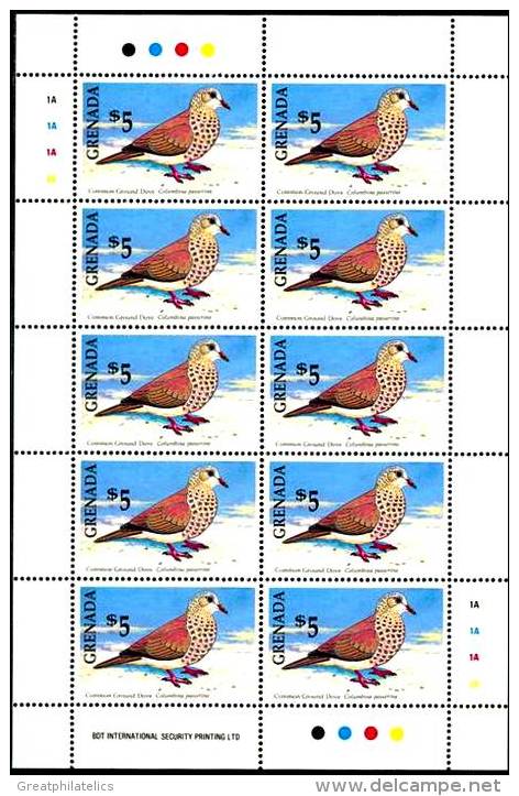 GRENADA 1990 BIRDS $5- VALUE M/S OF 10 COMMON GROUND DOVE SC# 1884 VF MNH CV 55.00 EURO - Tauben & Flughühner
