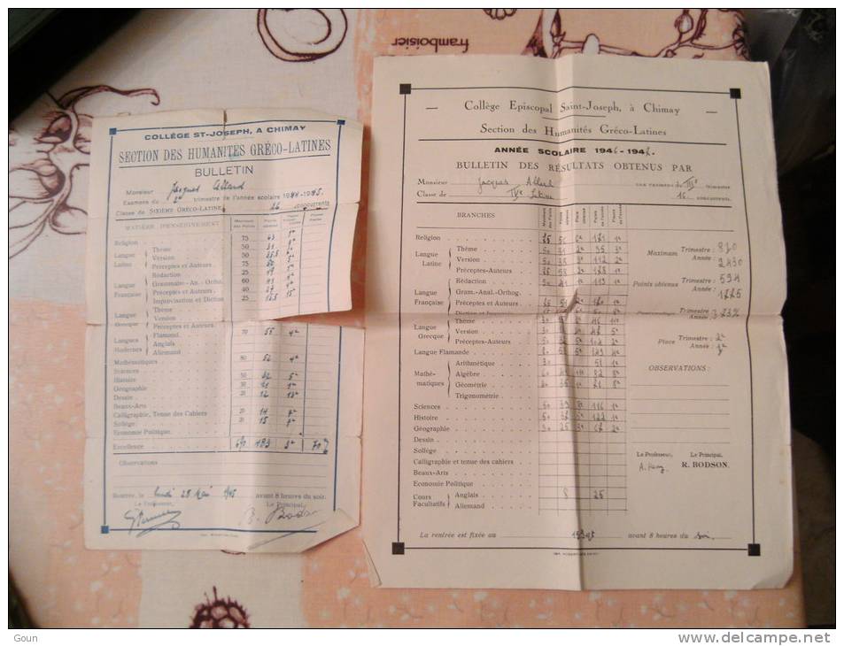 AA2-9  Bulletin Scolaire Collège Chimay 1944-45 Et 1946-47 Jacques Allard - Diploma's En Schoolrapporten