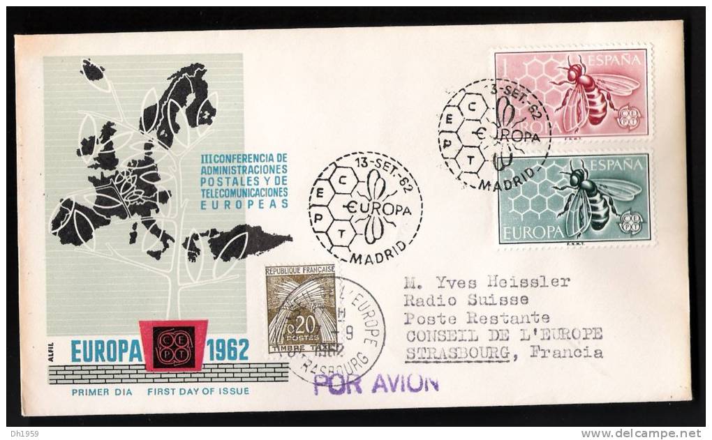 ESPAGNE SPAIN SPANIEN MADRID 1962 CONSEIL DE L' EUROPE EUROPA PARLAMENT  TAXE FDC ABEILLE APICULTURE - Honeybees