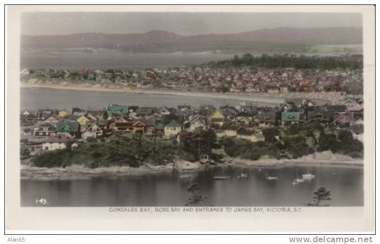 Victoria BC Canada, Gonzales Bay, Ross Bay, James Bay, Aerial View Of Town C1940s Vintage Real Photo Postcard - Victoria
