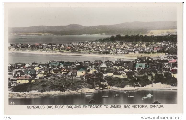 Victoria BC Canada, Gonzales Bay, Ross Bay, James Bay, Aerial View Of Town C1940s Vintage Real Photo Postcard - Victoria