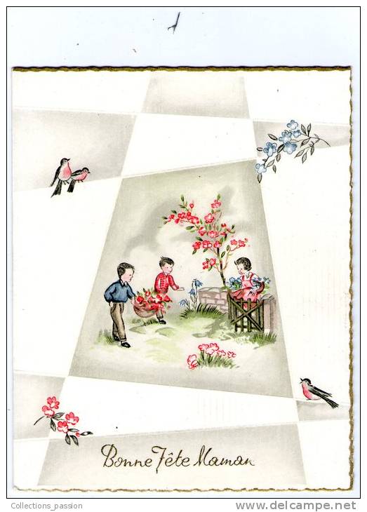 Carte Fête Des Mères 4 Volets , Bonne Fête Maman , Vierge , Enfants , Fleurs , Moineaux , 11 X 13.5 Cms - Fête Des Mères