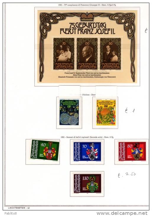 LIECHTENSTEIN 1981 FULL YEAR  ANNATA COMPLETA MNH MONTATA SU FOGLI MARINI - Volledige Jaargang