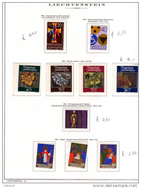 LIECHTENSTEIN 1981 FULL YEAR  ANNATA COMPLETA MNH MONTATA SU FOGLI MARINI - Vollständige Jahrgänge