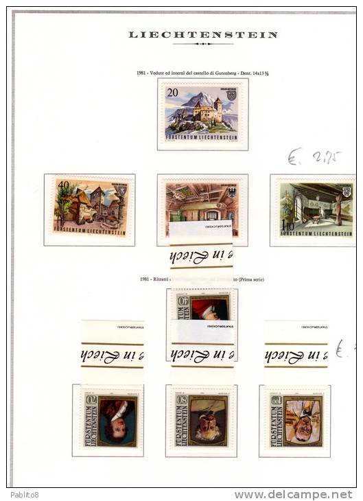 LIECHTENSTEIN 1981 FULL YEAR  ANNATA COMPLETA MNH MONTATA SU FOGLI MARINI - Volledige Jaargang