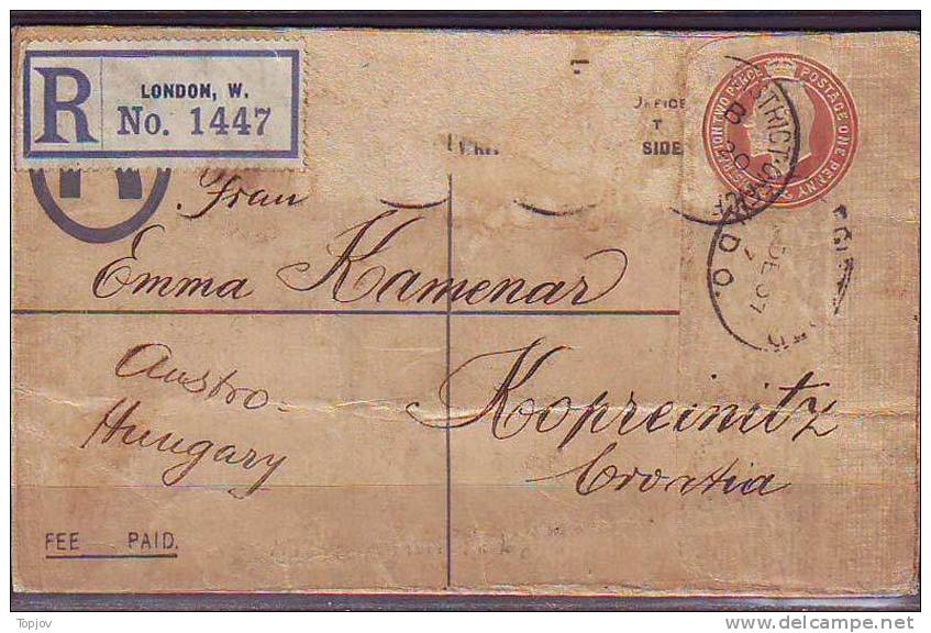 GREAT BRITAIN  -  REGIST.  STAMP. STATIONERY INLAND To YUGOSLAVIA  - 1907 - Covers & Documents