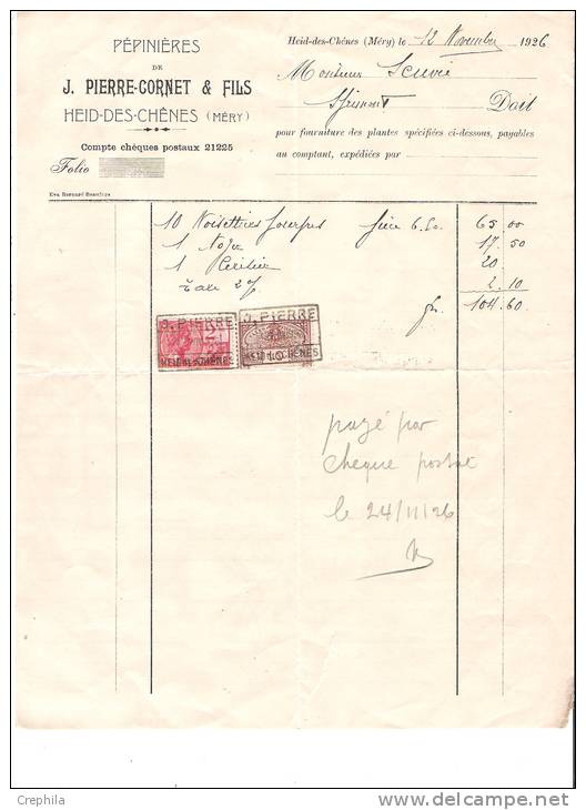 Belgique - Ttimbres Fiscaux (2) - 1926 - Facture Pépinières De J.Pierre Cornet & Fils - Heid Des Chènes - Timbres