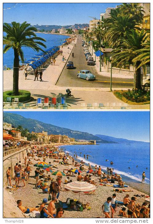 MENTON - La Promenade Et Une Plage - Animation, Nombreuses Voitures (2 Cox, 4L, 404...) Et Baigneurs - Circulée 1965 - Menton