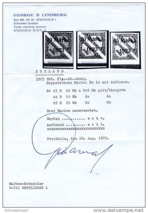 Estland: 1923 Airmail  Michel Nr 43 -45B  (45 = B II), MH/Neuf* Cat.  With Photocertificate - Estonia