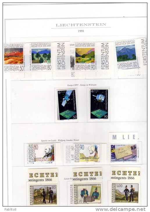 LIECHTENSTEIN 1991 FULL YEAR  ANNATA COMPLETA  MNH MONTATA SU FOGLI MARINI GUARDARE LE SCANSIONI GRAZIE - Vollständige Jahrgänge