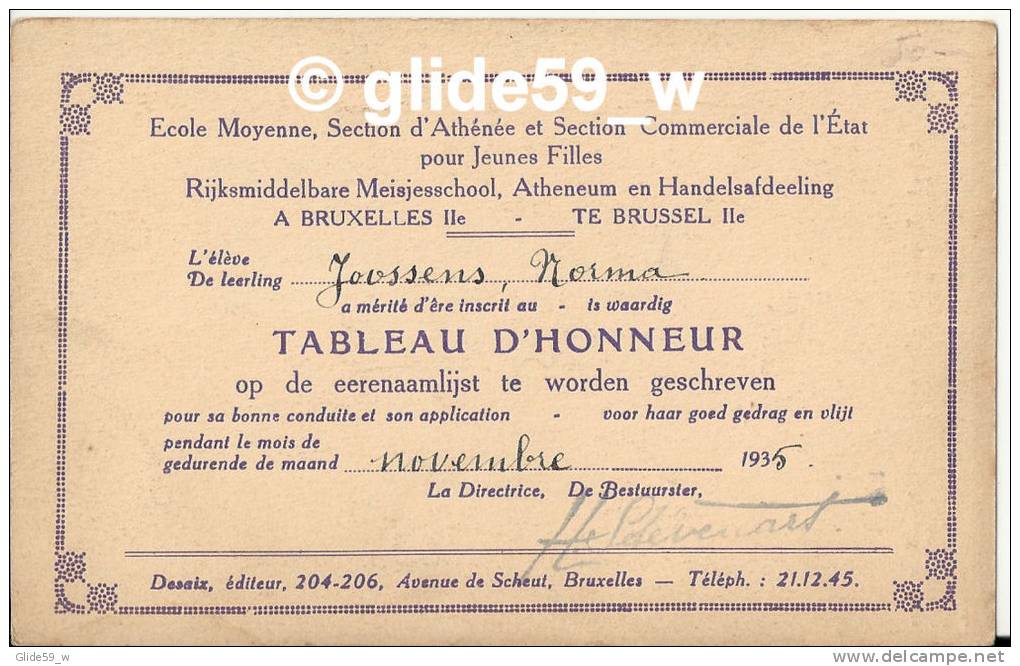 Carte Tableau D'Honneur "JOOSSENS Norma" (1935) - BELOEIL - Statue Du Prince Charles-Joseph De Ligne - Beloeil