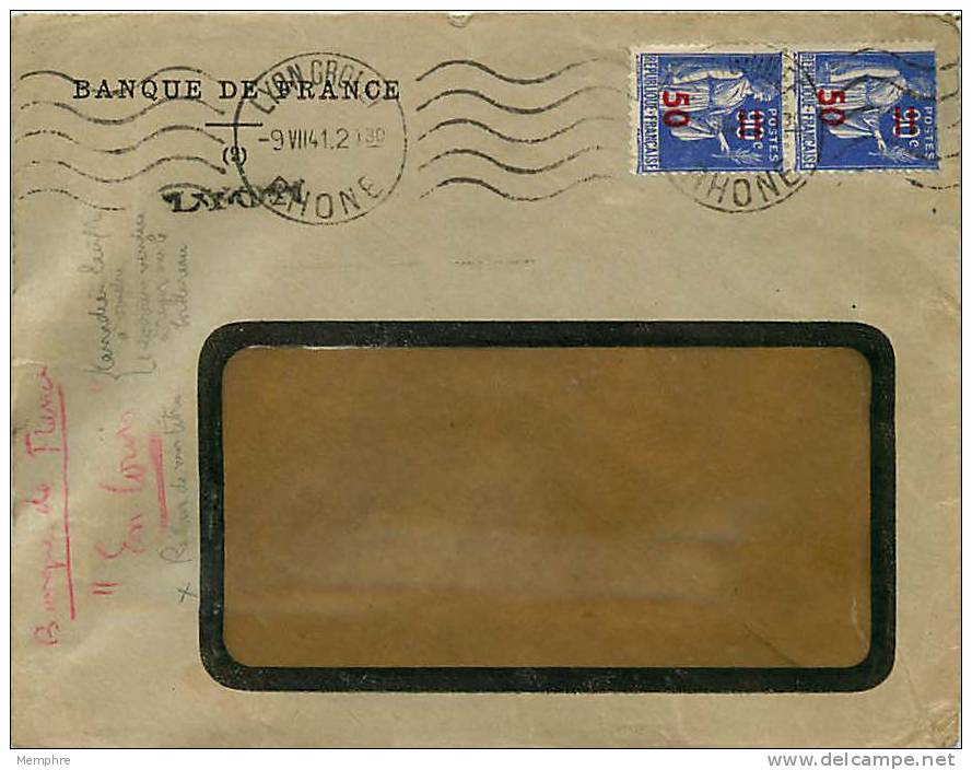 Paix   50 C Sur 90 C Yv   482 X 2   Sur Lettre De Lyon 09.07.1941 - Lettres & Documents