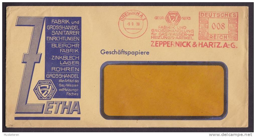 Germany Deutsches Reich ZETHA ZEPPERNICK & HARTZ Meter Stamp Slogan DRESDEN Cover 1939 Geschäftspiere - Frankeermachines (EMA)
