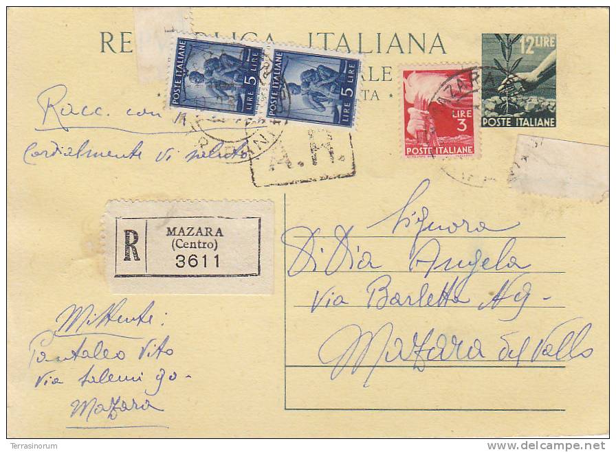 $3-2089- Democratica Su Intero Cartolina Postale N.140 Raccomandata Da Mazara Del Vallo X Città - Interi Postali