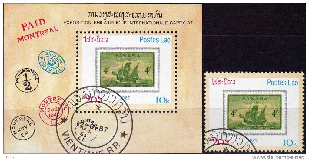 CAPEX 87 Stamp On Stamp Laos 1002 Plus Block 116 O 4€ Canada #248 Philatic Bloc Ship Bf Segler Fogli Fauna Sheet Of Lao - Laos