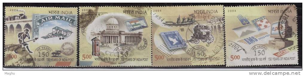 India 2004 Used, Set Of 4, India Post, Transport, Train Over Bridge, Ship, Carrage, Airplane, Computer, Letterbox - Oblitérés