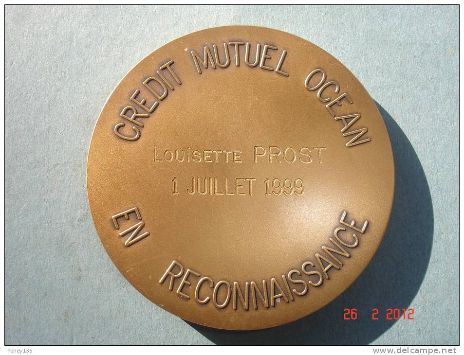 Médaille Du Travail, Crédit Mutuel Océan,à Louisette Prost,SA Pichard ,bijoutiers ,dans écrin Plastique Rouge ,diam:6,5 - Professionnels / De Société