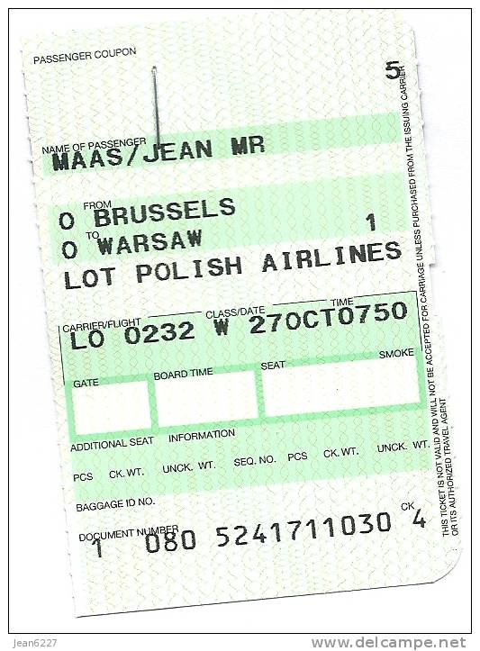 Boarding Pass - LOT - LO 0232 - Brussels-Warsaw - 27OCT2005 - Instapkaart