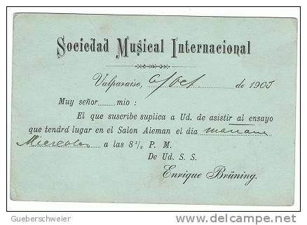 S-ART10 - CHILI Entier Postal Invitation De La Socuiété De Musique De Valparaiso 1909 - Chili