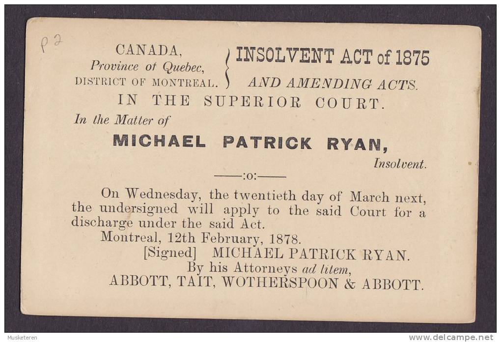 Canada Postal Stationery Ganzsache Entier Private Print 1878 Attorney ABBOTT, TAIT, WOTHERSPOON 1 C Queen Victoria - 1860-1899 Reign Of Victoria