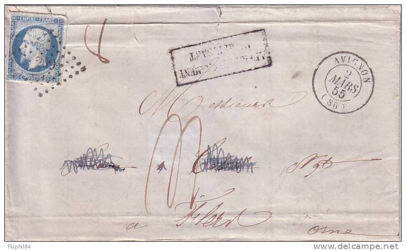 VAUCLUSE-AVIGNON 2 MARS 1855  - N°14 OBLI.PC209 - TAXE 4 MANUSCRITE ET GRIFFE AFFRANCHISSEMENT INSUFFISANT. - 1859-1959 Storia Postale