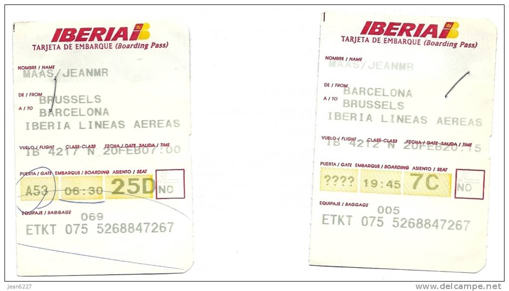 2 Boarding Pass - Iberia - IB4217/IB4212 - Brussels-Barcelona-Brussels - 20FEB2005 - Instapkaart