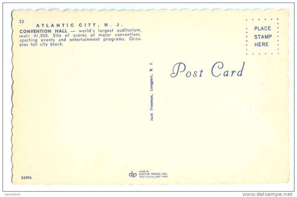 USA, Atlantic City, New Jersey, Convention Hall, 1960s Unused Postcard [P8106] - Atlantic City