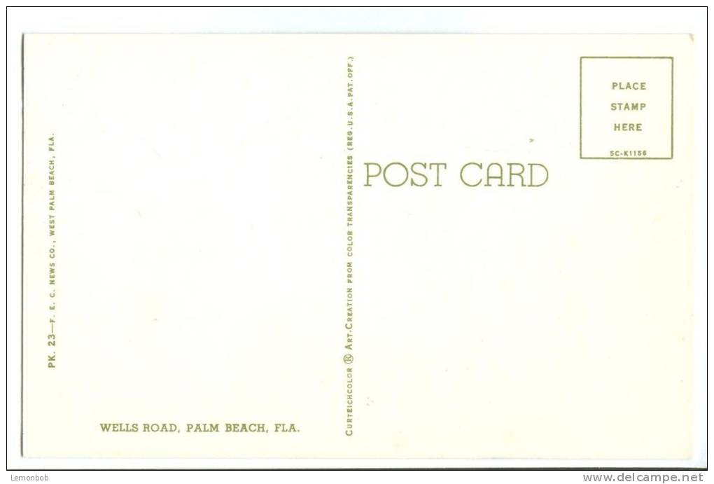 USA, Wells Road, Palm Beach, Florida, 1950s Unused Postcard [P8109] - Palm Beach