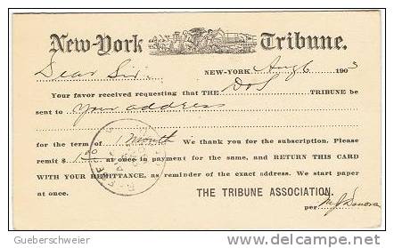 S-ART23 - ETATS-UNIS Entier Postal Commercial Du NEW-YORK TRIBUNE 1903 Thèmes Littérature; Imprimerie, Journaux - ...-1900